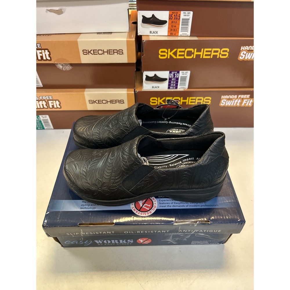Easy Works Bind Clogs Women 8W Black Embossed Leather Slip Resistant 0620
